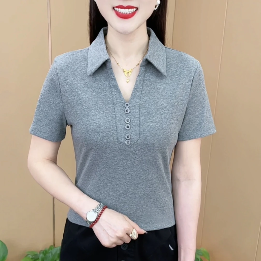 夏季时尚纯色翻领显瘦纽扣韩版t恤设计感气质减龄短袖上衣M7768