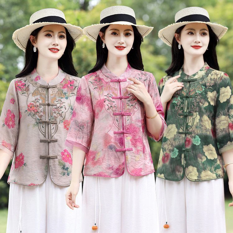 母亲节新中式妈妈装刺绣衬衫女盘扣宽松休闲短袖上衣夏季