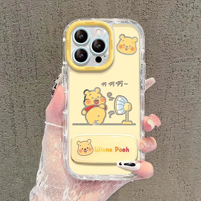 维尼熊吹风扇适用苹果16promax手机壳可爱趣味镜面支架软硅胶女