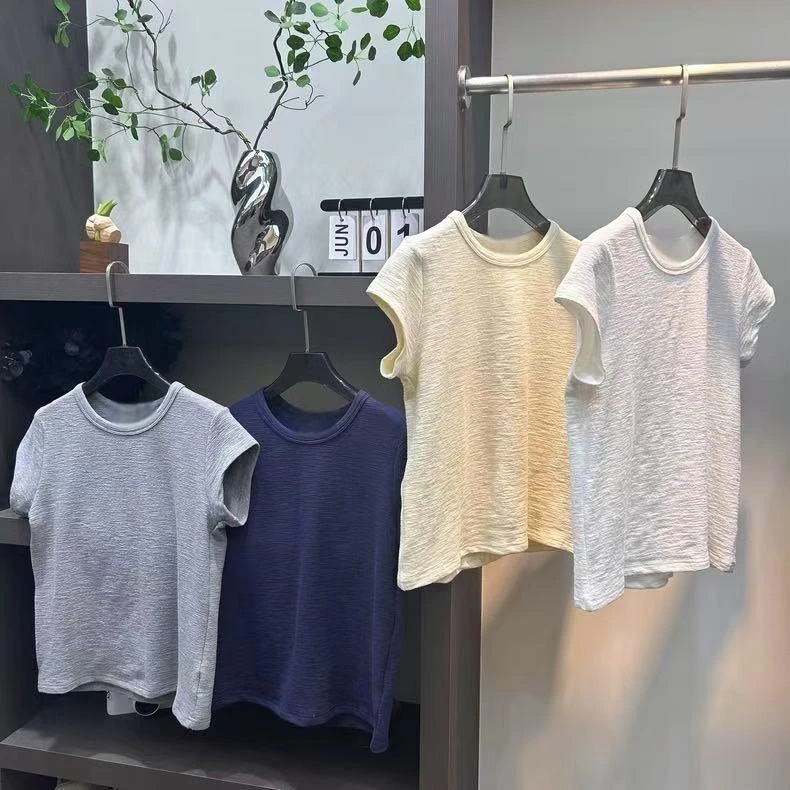 “宝藏肌理T”韩版时尚女士短袖简约春夏百搭正肩T恤上衣-5105