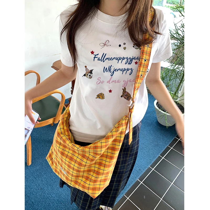 新款夏季新款休闲穿搭短袖t恤女韩系卡通风字母印花正肩圆领上衣