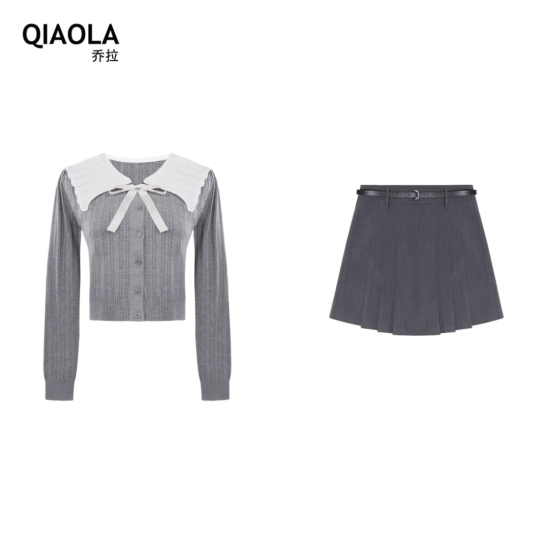 QIAOLA/乔拉【山茶学院】秋镂空毛织翻领单排扣百褶轻奢是套装预售