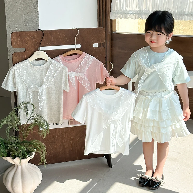 【橘子家】女童小众独特别致短袖夏款T恤送蕾丝披肩HS62001