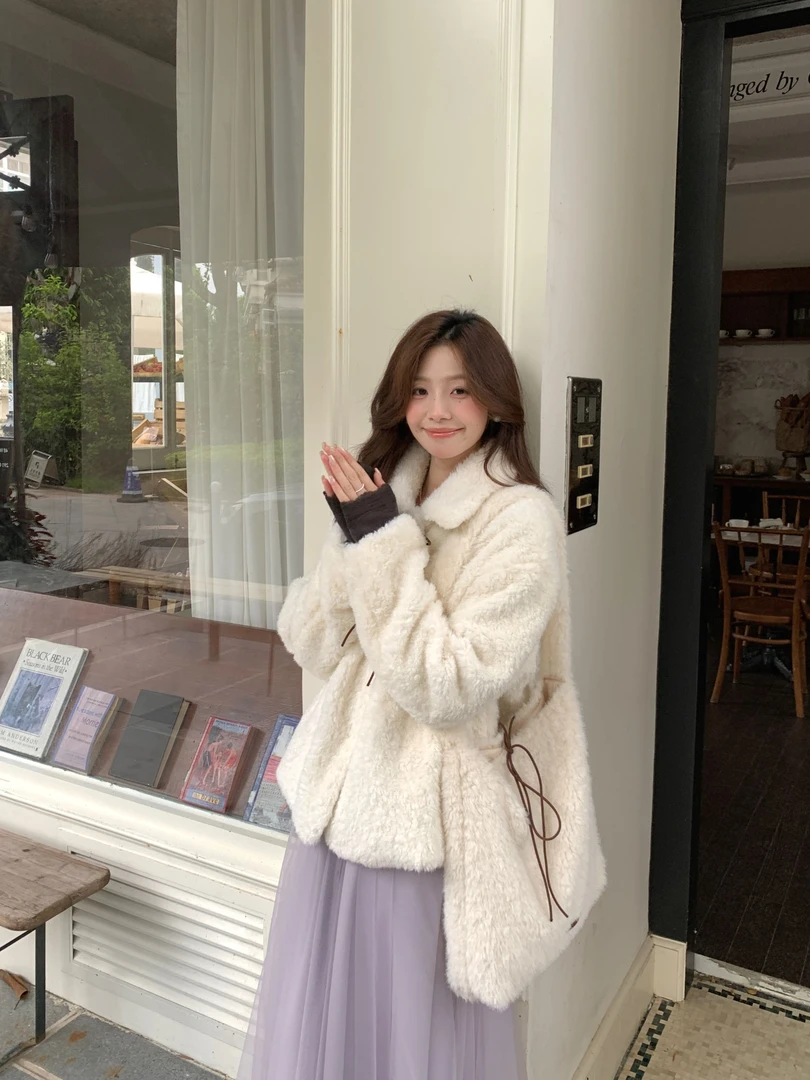 Even一雯【绒绒奶霜】韩系高智感温柔甜美淡粉色精致蝴蝶结毛毛外套