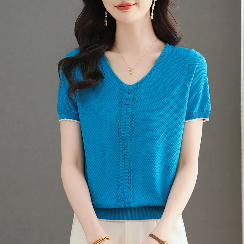 夏季新款v领短袖女款蕾丝花边凉感妈妈装显瘦薄款宽松上衣