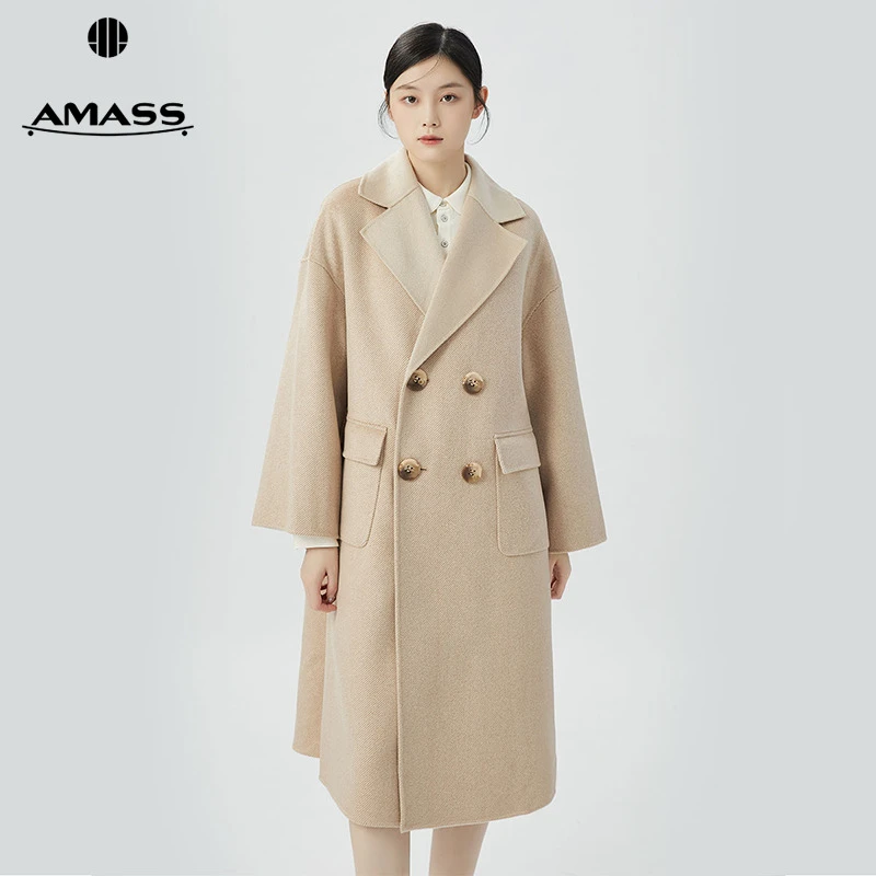 阿玛施AMASS纯山羊绒极简老钱风气质双排扣双面呢大衣外套5400838