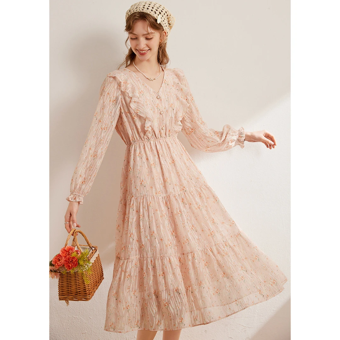 白鹿语欧若假日风木耳边长V领印花女裙子连衣裙WBY20084