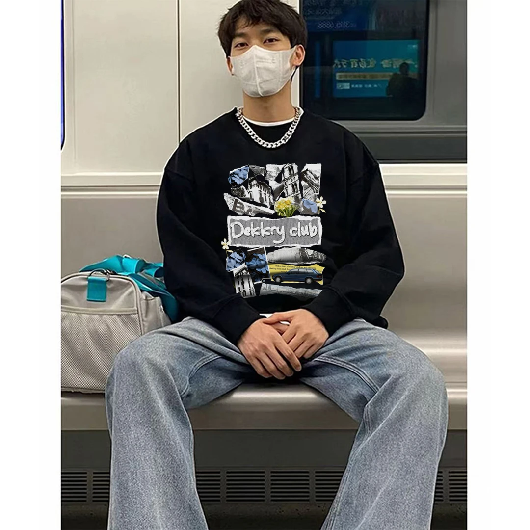 美式创意海报字母印花圆领卫衣男秋冬季潮牌百搭宽松情侣重磅上衣