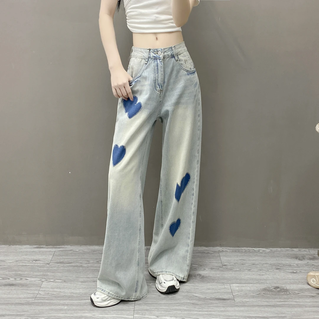 春季2025新款今年流行爆款爱心烫钻拖地牛仔裤女休闲宽松阔腿长裤