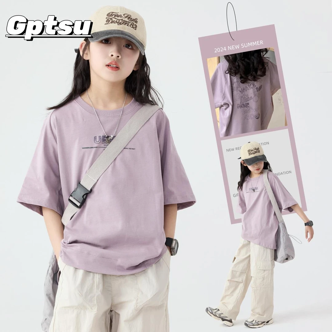 GPTSu女童短袖T恤儿童薄款2025年新款洋气套装女孩上衣宽松女大童