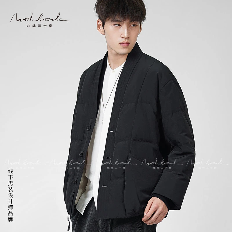 北纬三十度冬季男士高品质休闲保暖百搭道袍无领高级西装羽绒服