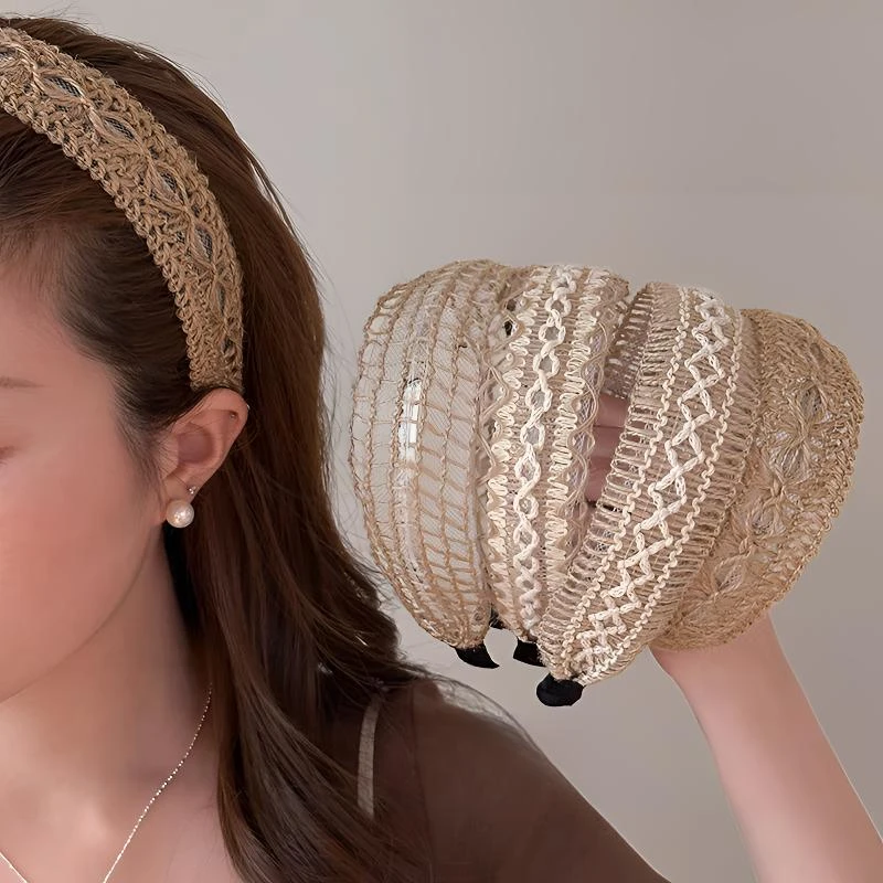 度假风草编宽边发箍女款波西米亚头箍日常外戴发捆高颅顶洗脸发卡
