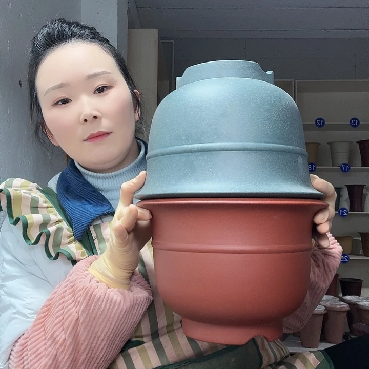 紫砂花盆小**士仿古金钟红色1豆青1