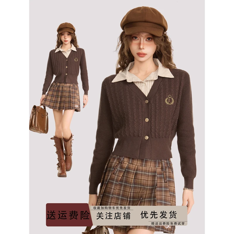 美式咖色正肩麻花polo领假两件针织毛衣开衫女秋冬修身短款针织衫