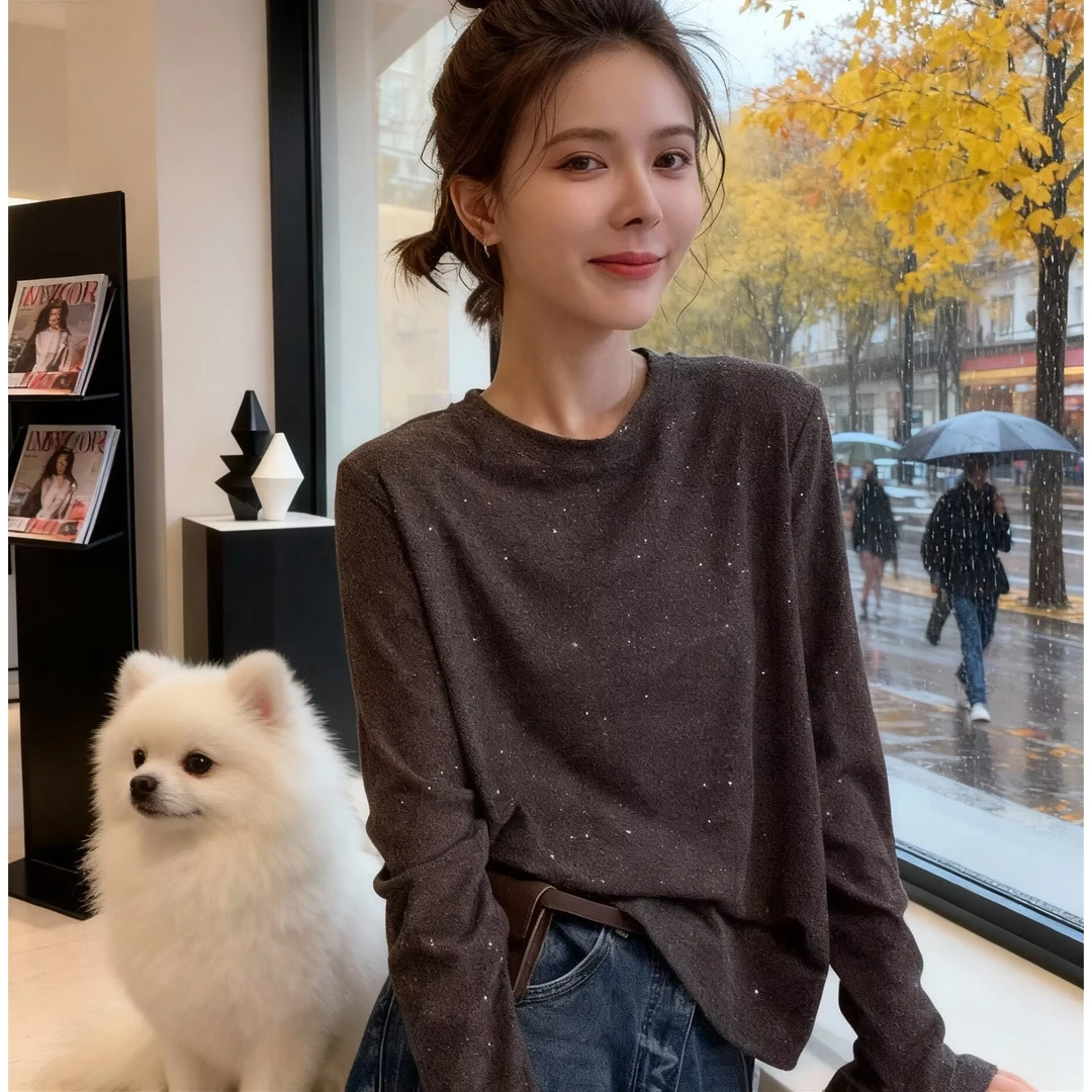 大码女装秋冬新款韩版潮流洋气圆领长袖亮片徳绒修身打底衫女经典