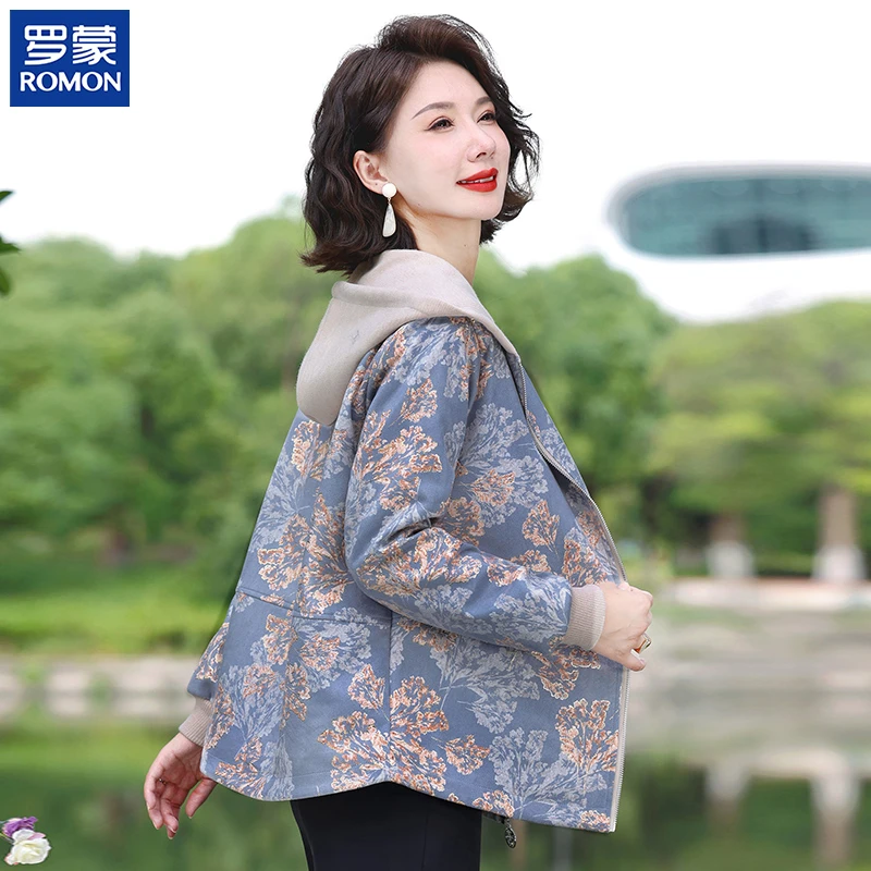 罗蒙年轻妈妈秋装花色外套中年宽松上衣中老年女秋季休闲连帽开衫