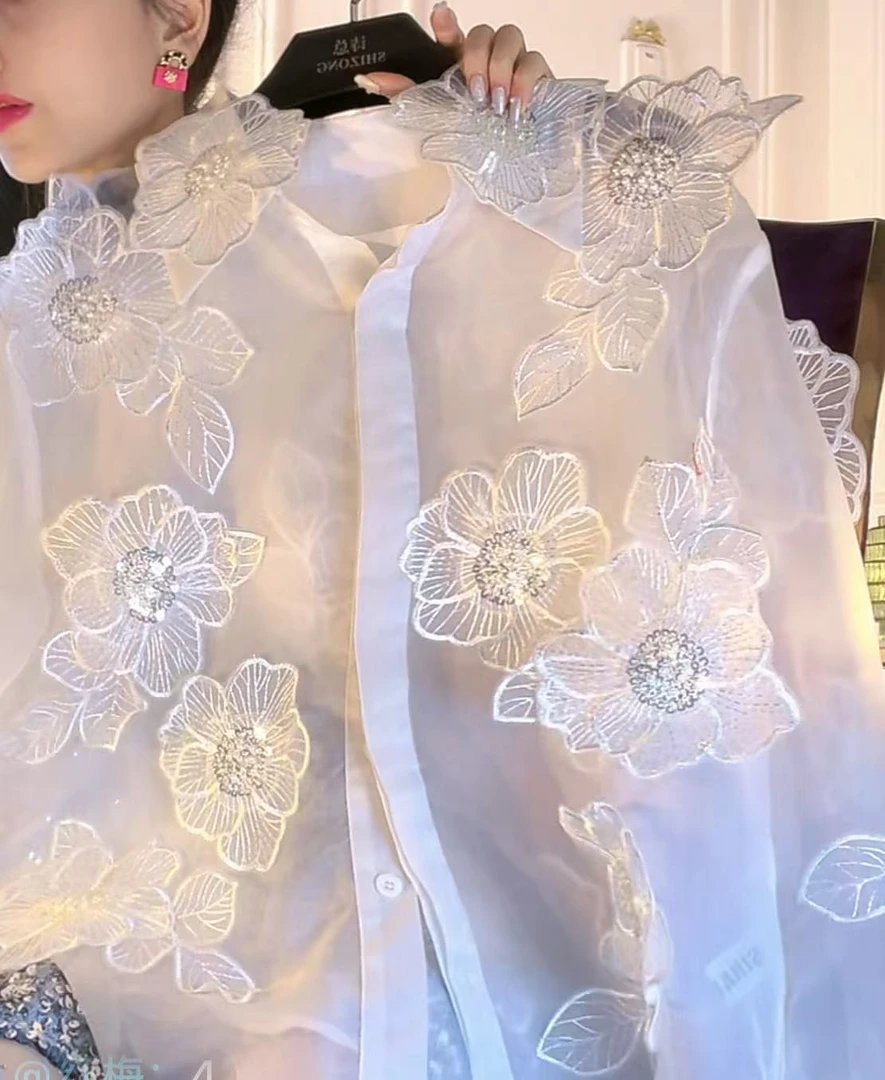 【秀场发布/手工花立裁手法】新款法式小香风亮片立体花朵衬衫衬衣