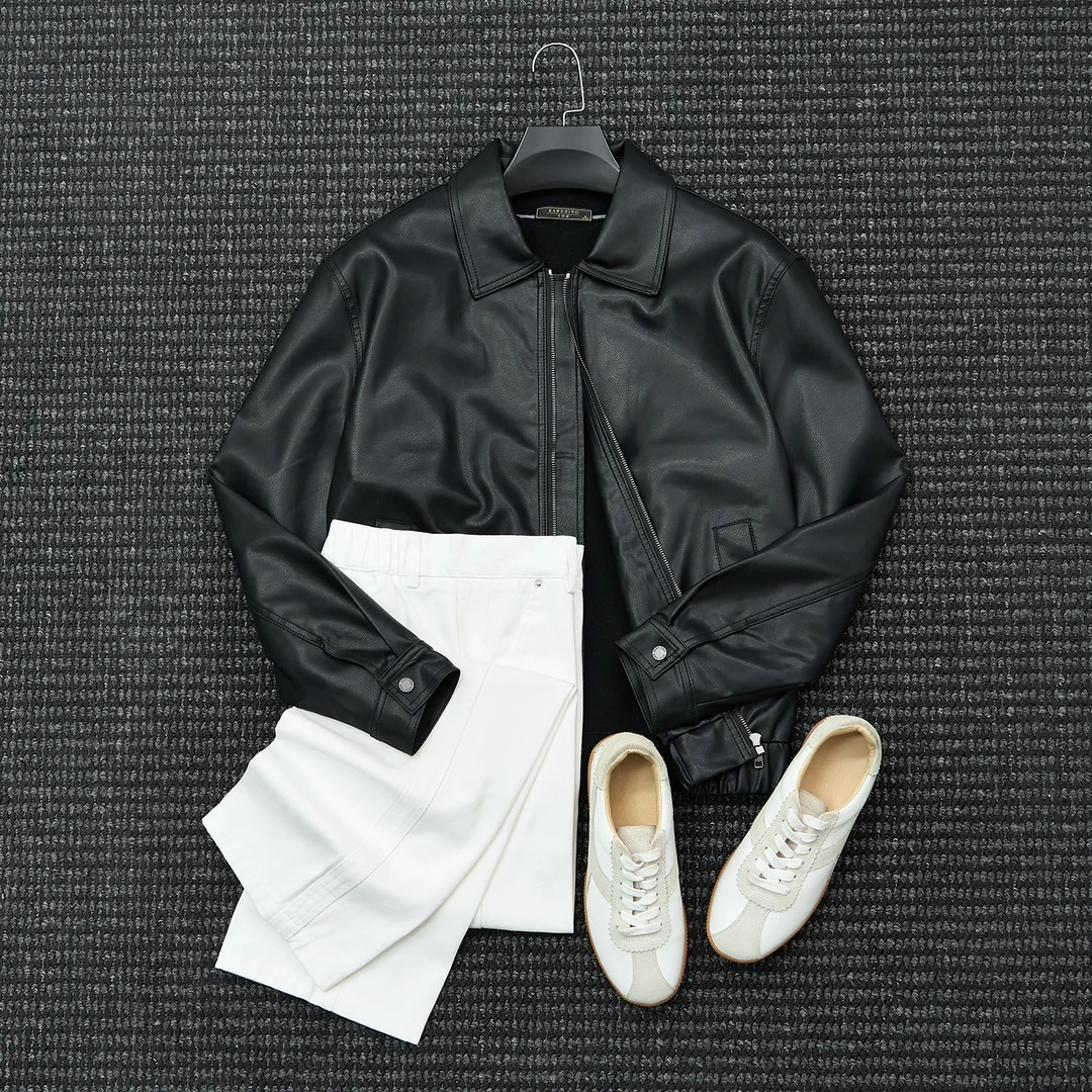 MIGSIMHE·美式休闲痞帅机车皮衣外套秋季男士翻领黑色短款皮夹克