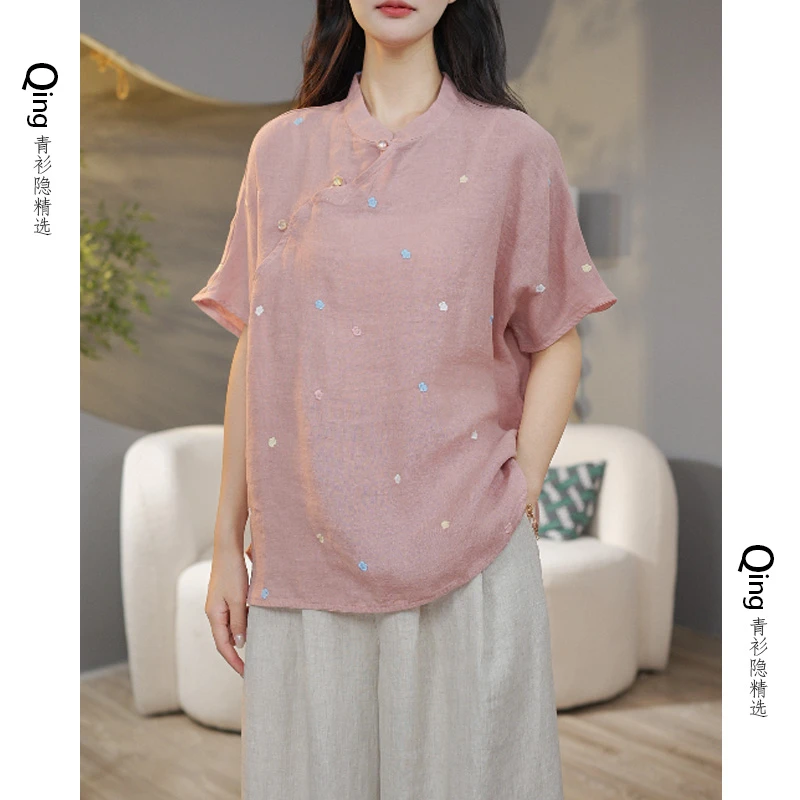 【星星花】新款斜襟珠扣亚麻小花刺绣上衣文艺温婉显瘦衬衫5631