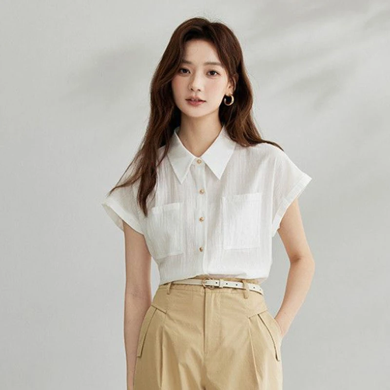 通勤气质小飞袖短袖衬衫女2025夏季时尚高级感休闲百搭衬衣上衣女
