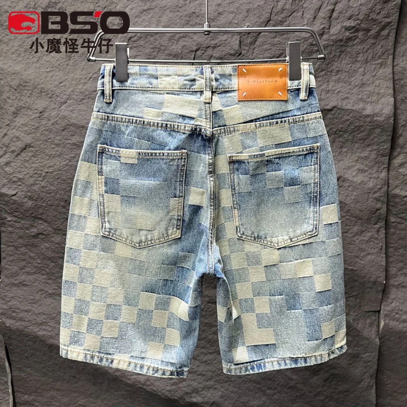小魔怪夏季新款马赛克格子提花牛仔短裤男款宽松直筒五分纯棉中裤