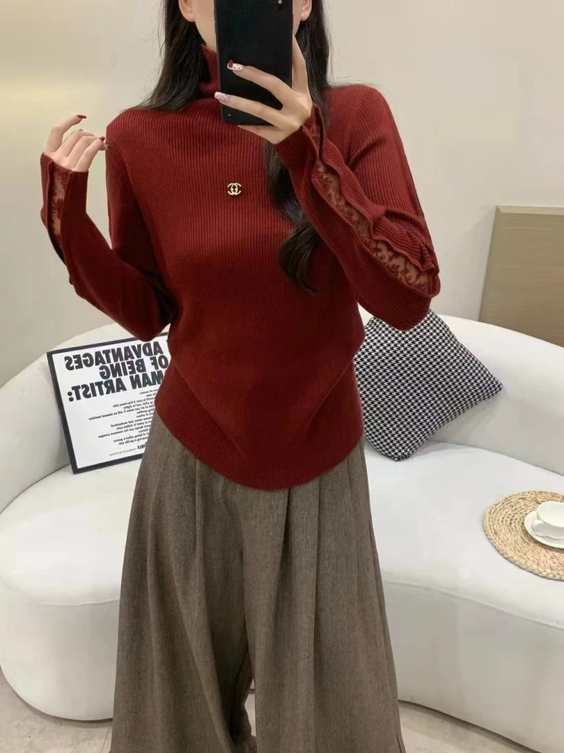 堆堆领袖子拼接蕾丝洋气毛衣3608