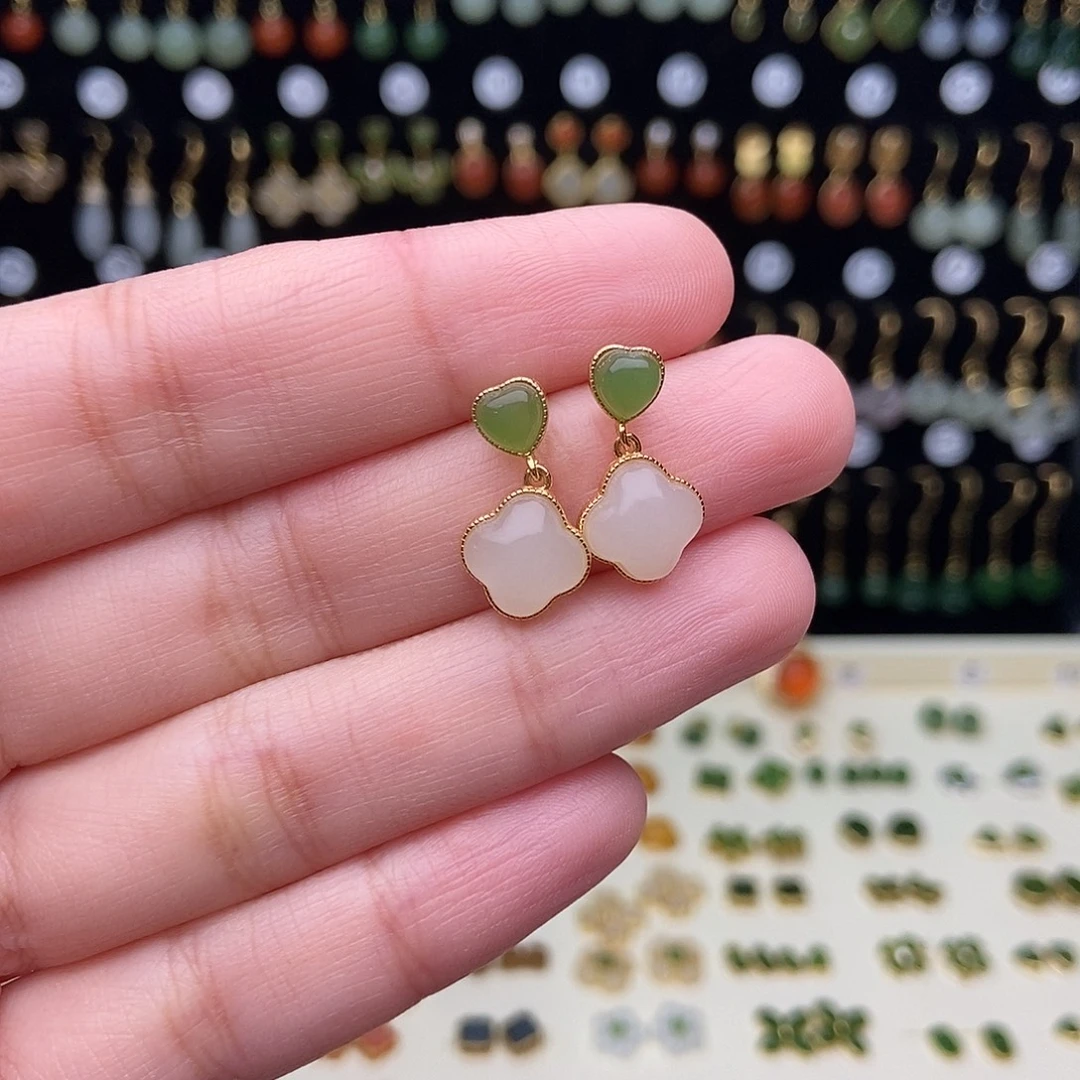 和田玉银S925镀金镶嵌耳饰