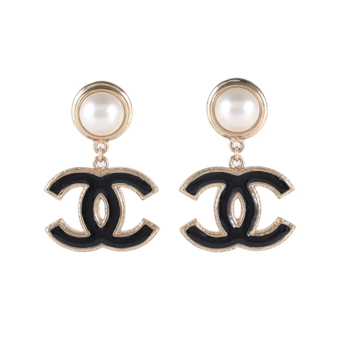95新 Chanel/香奈儿 -100 小花6欢 22A 珐琅双C logo 珍珠耳环