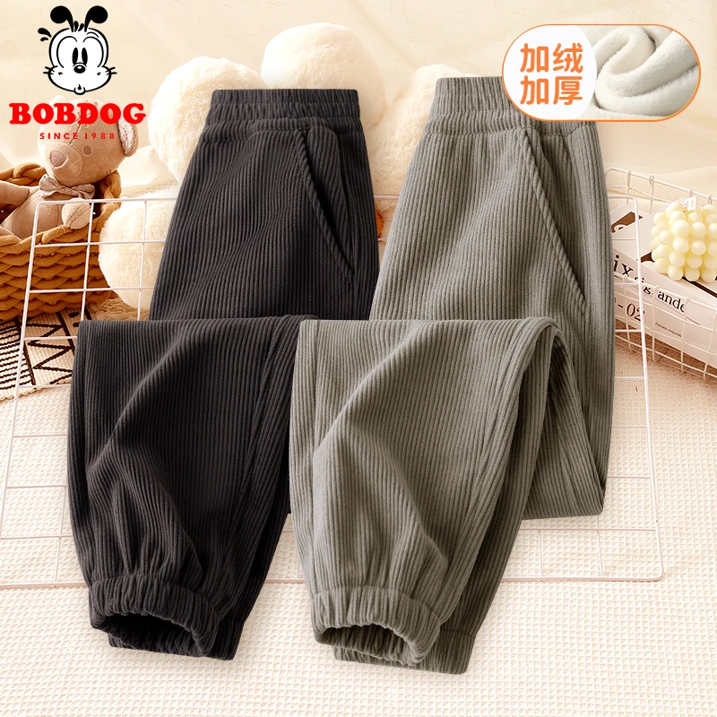 巴布豆儿童灯芯绒长裤加绒加厚秋冬款男女童一体绒保暖裤子童装潮