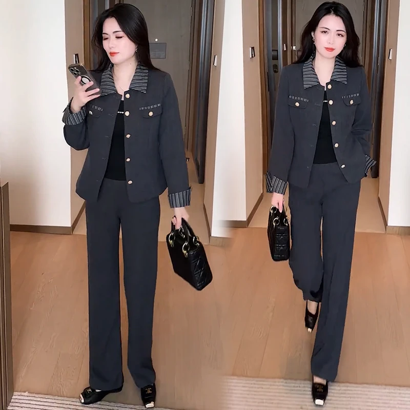 时尚套装女秋季新款洋气质减龄显瘦翻领拼接短款外套阔腿裤两件套