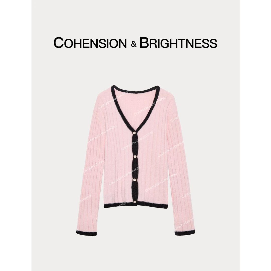 凝慧真的好 精品高定款小香风气质专场粉色黑边修身撞色毛衣YQ132