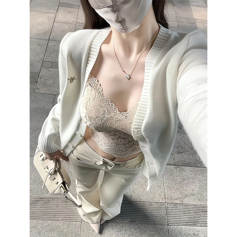纯欲针织开衫女慵懒宽松外套上衣蕾丝内搭吊带外搭微喇马蹄喇叭裤