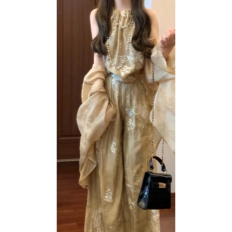 新中式国风金线珠片绣挂脖吊带&阔腿裤&防晒外披轻奢小香风两件套