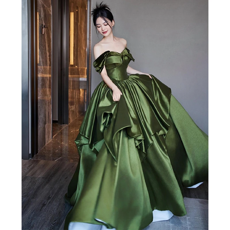 一字肩晚礼服高端主持人宴会合唱演出服绿色设计感成人礼法式长裙