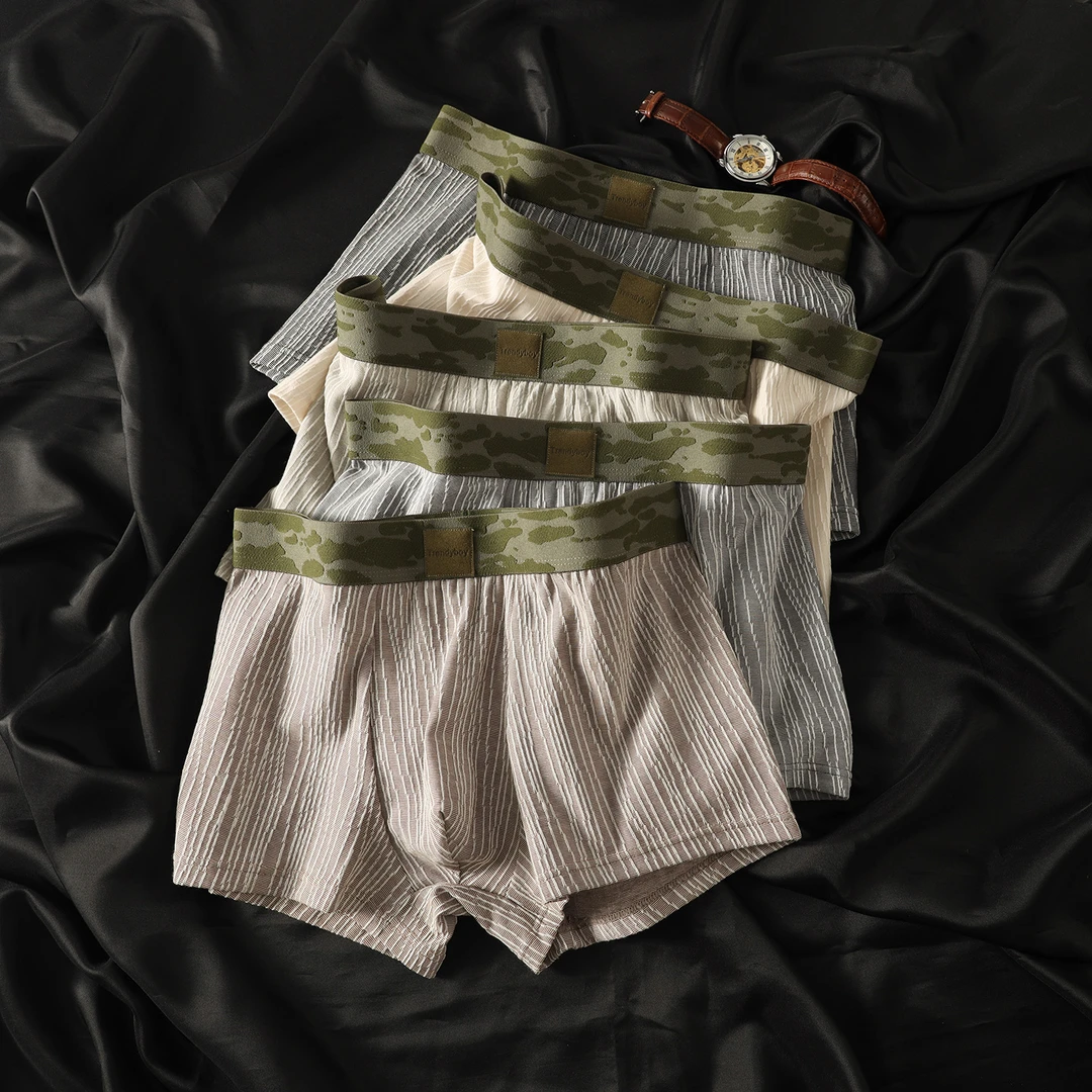 纯棉新款透气条纹男士内裤休闲平角裤薄款个性潮流四角男平角短裤