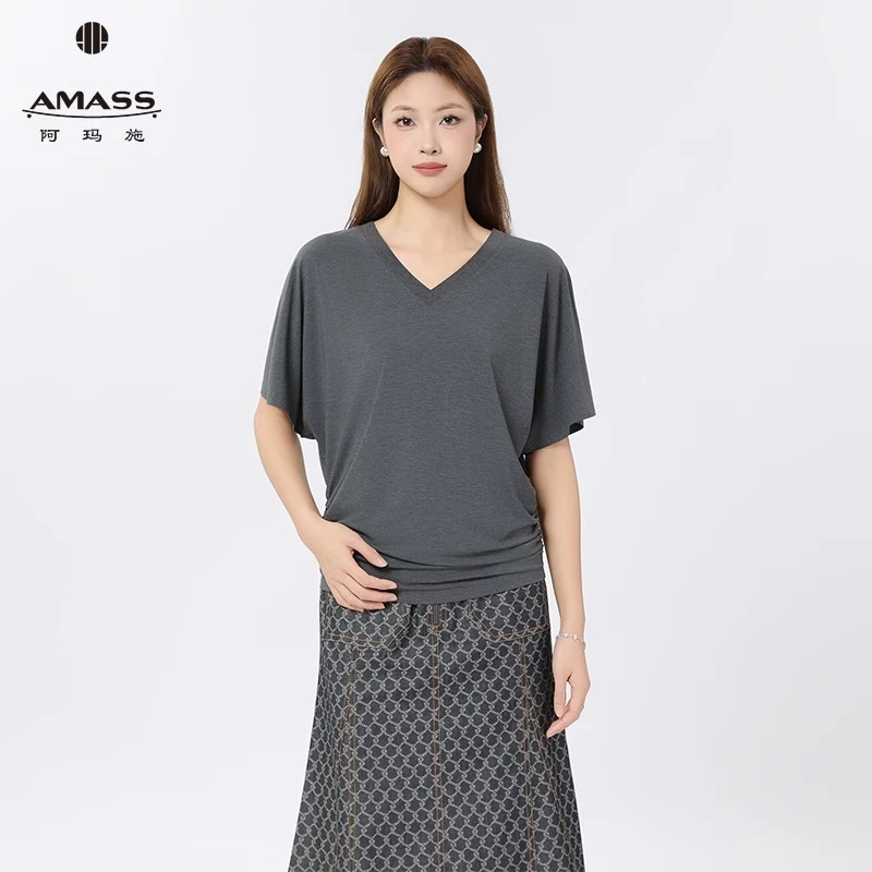 AMASS/阿玛施新款夏季百搭短袖上衣时尚气质休闲风V领T恤女530081