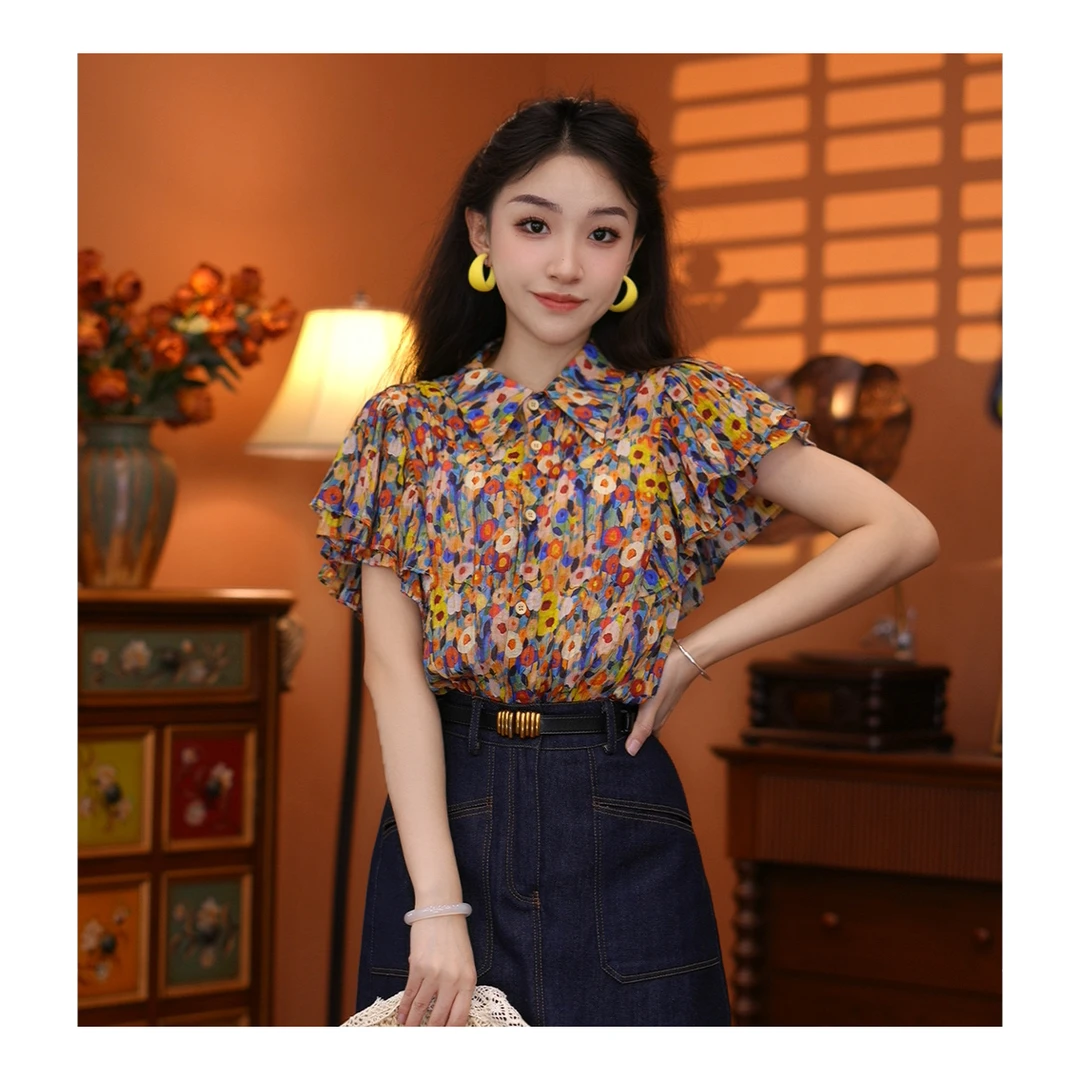 富贵【春暖花开】港味复古时尚气质薄款飞飞袖上衣01730
