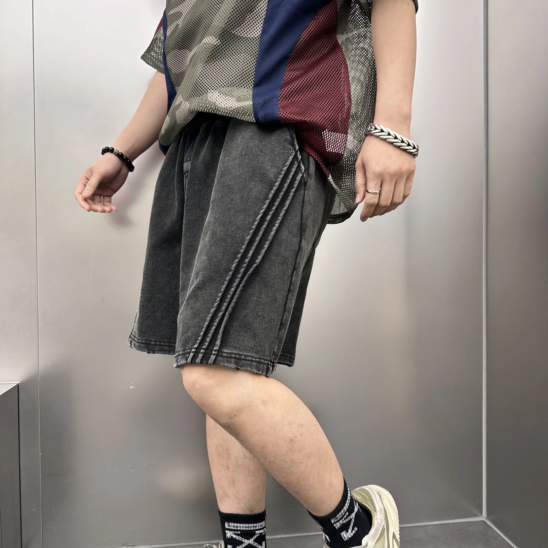 原创重磅水洗做旧复古男士短裤美式休闲百搭设计感高街侧条纹拼接