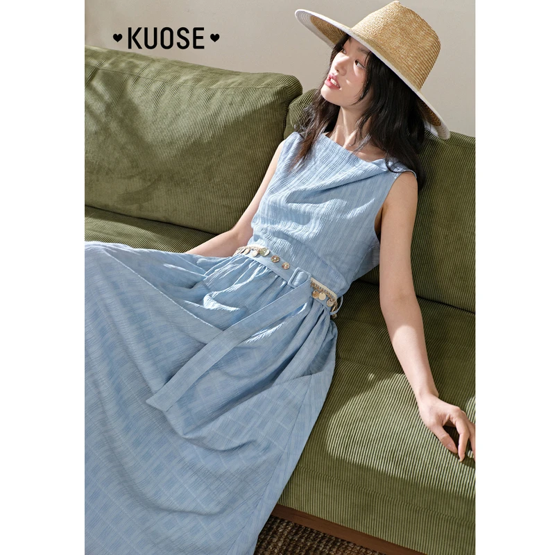 阔色肌理感收腰连衣裙2025春夏季新设计感气质长裙子KSB2503020