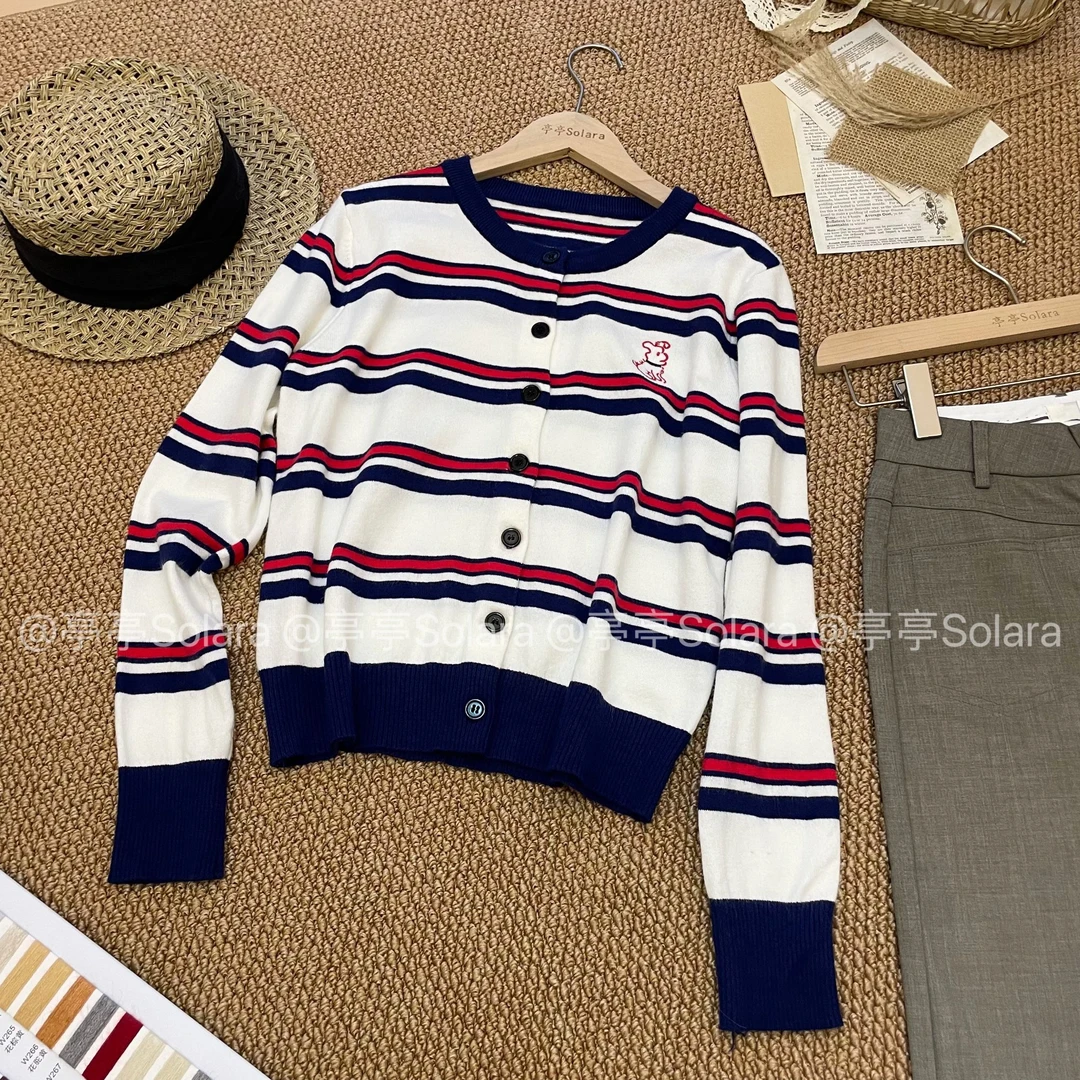 【现货】Solara【可爱修狗】打底衫长袖条纹针织衫圆领miu系开衫女