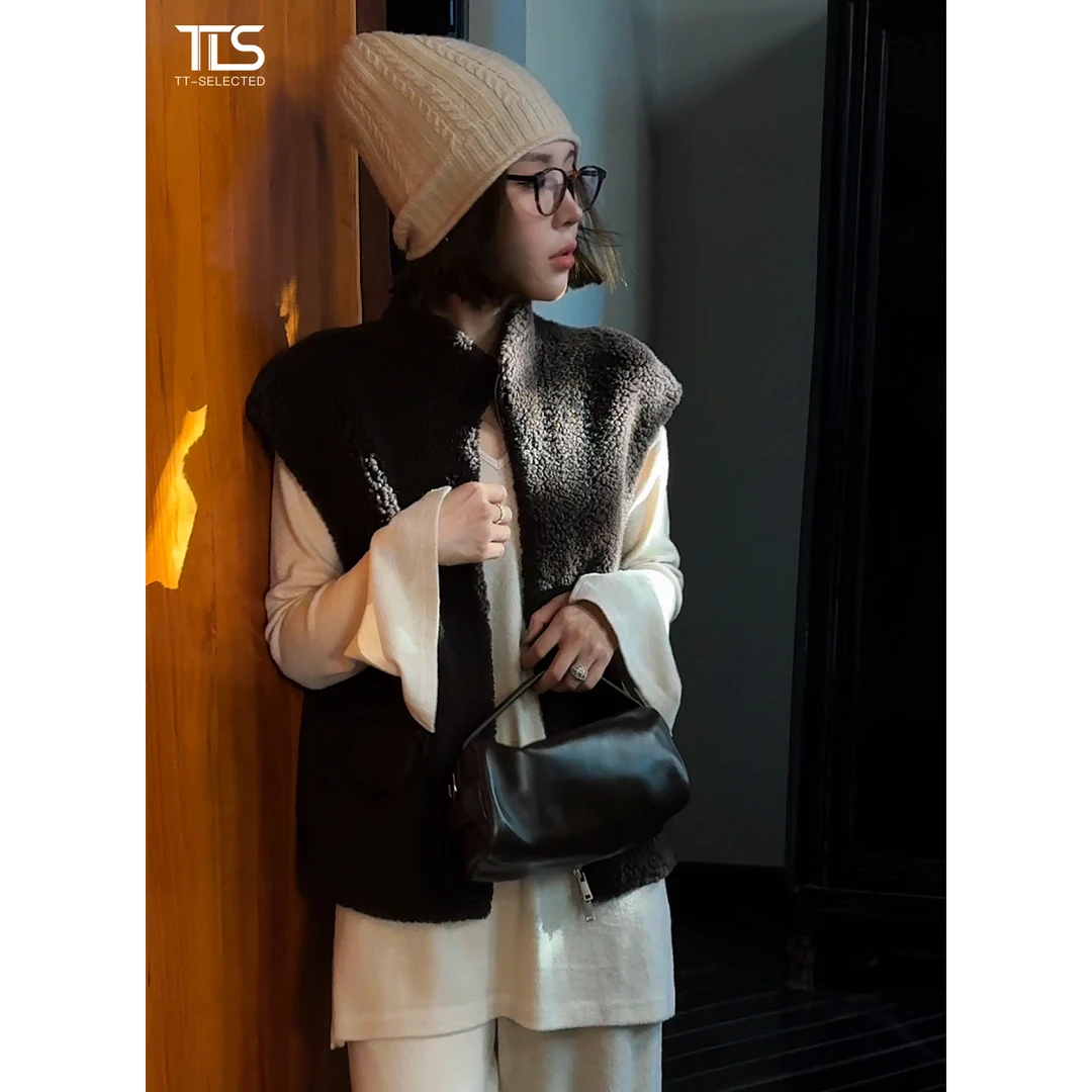 TT【卷王3.0】100羊毛芭莎卷颗粒感复古皮毛一体保暖马甲外套PC5005