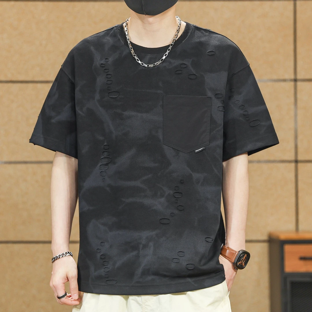 潮牌破洞短袖t恤男士大码夏季新款高端美式复古提花口袋重磅体恤T