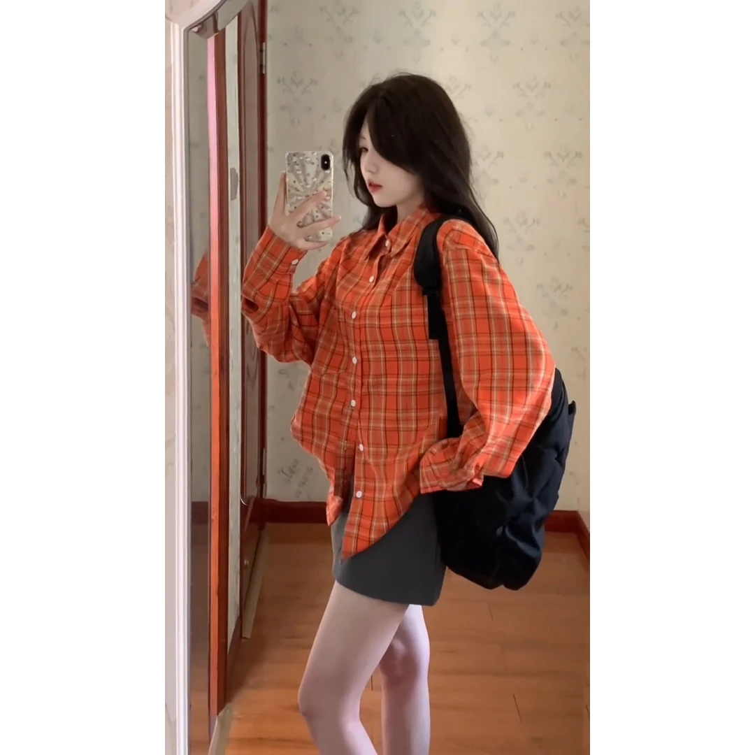 parkyeon橘红色格子长袖衬衫女小个子洋气时尚灰色包臀半身短裙