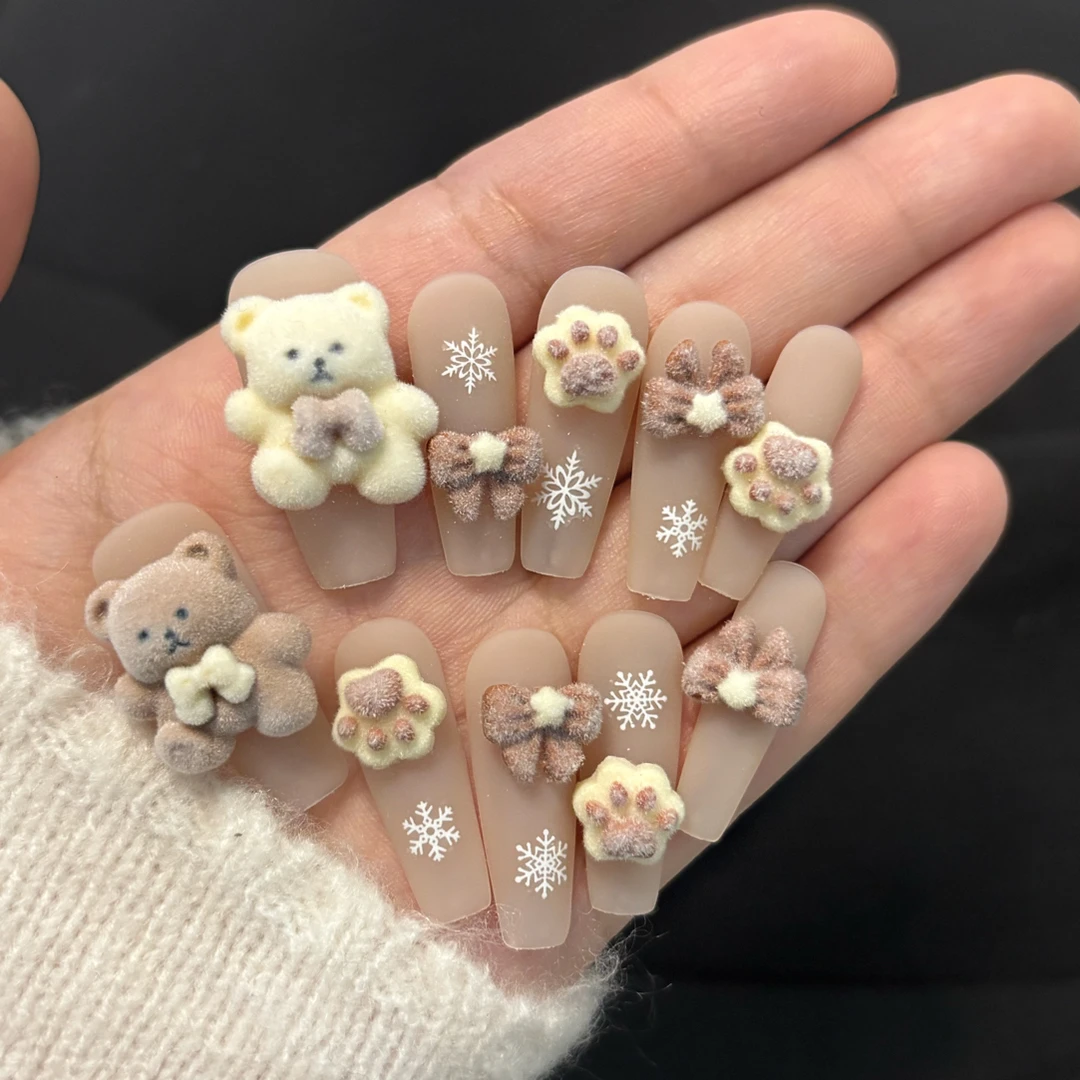 （奶香熊）秋冬新款可爱植绒雪花磨砂蝴蝶结学生百搭日常卡通奶咖