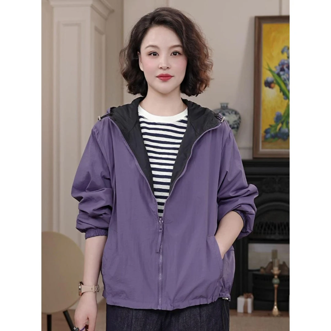 时尚休闲百搭两面穿外套女2025春季新款韩版宽松撞色洋气连帽上衣