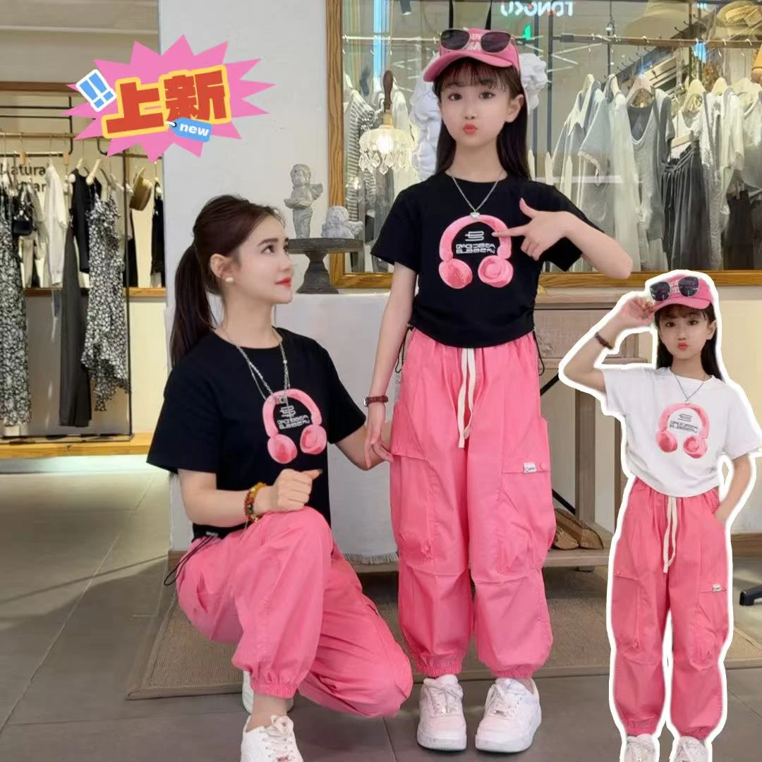 12-15岁初中女孩女童潮酷耳机印花短袖T恤+时尚百搭工装裤套装