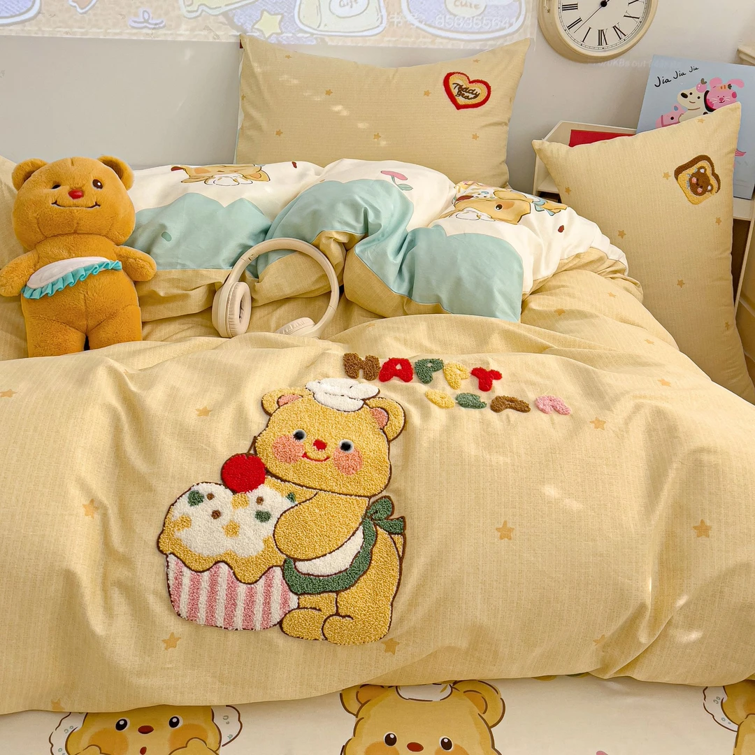 美玲  2025奶油小熊全棉刺绣三件套四件套可爱设计师韩版亲肤
