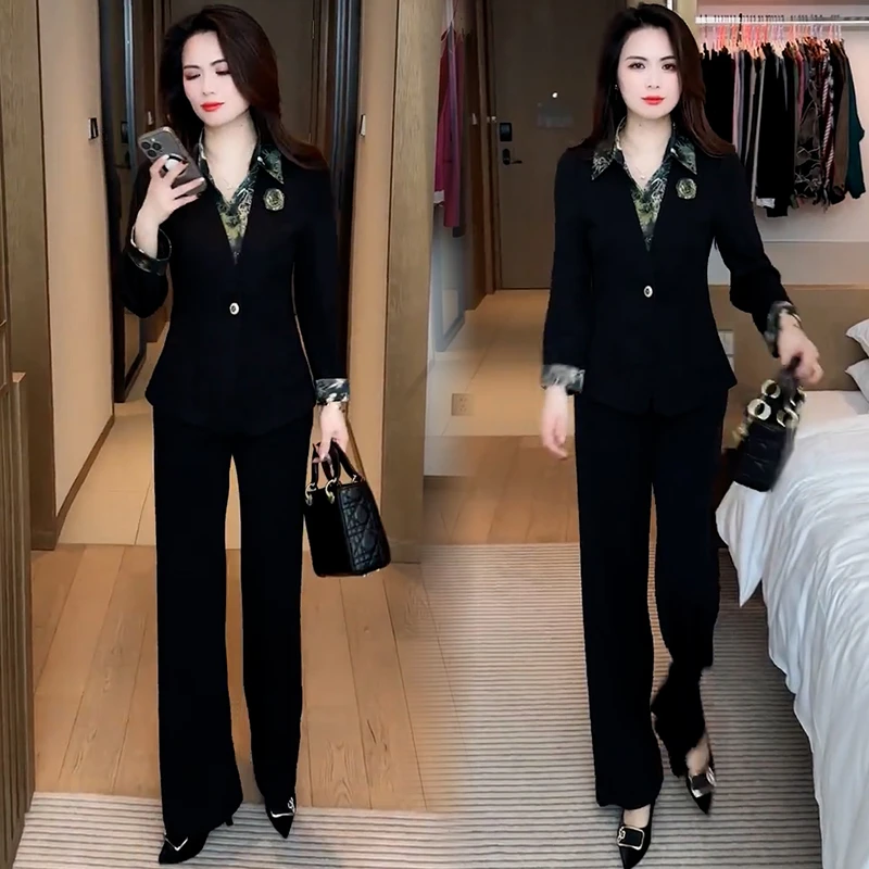 时尚套装女春季新款气质收腰显瘦假两件衬衣领上衣阔腿裤两件套潮