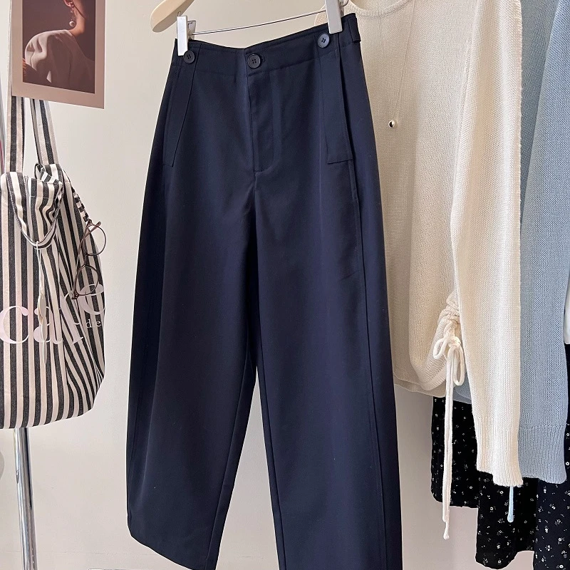 藏蓝色休闲裤女2025超火裤子大码胖mm梨形身材显瘦直筒阔腿九分裤