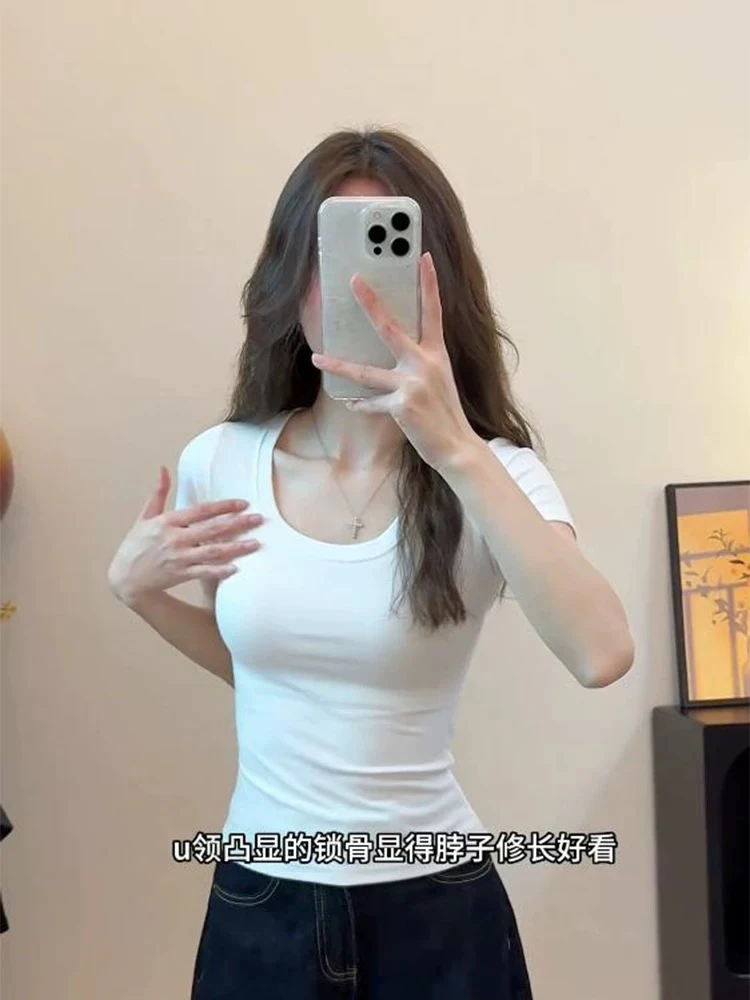 纯欲正肩U领短袖T恤女夏季辣妹露锁骨修身显瘦收腰打底衫上衣女